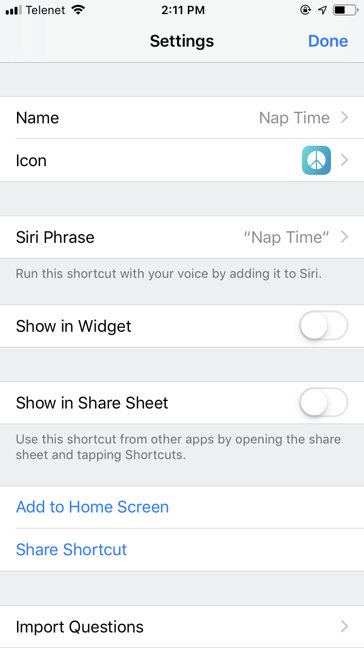 Shortcut settings screenshot